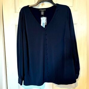 NWT “Grace” Navy Knit Long Sleeve Top with Tailored Buttons Down Front